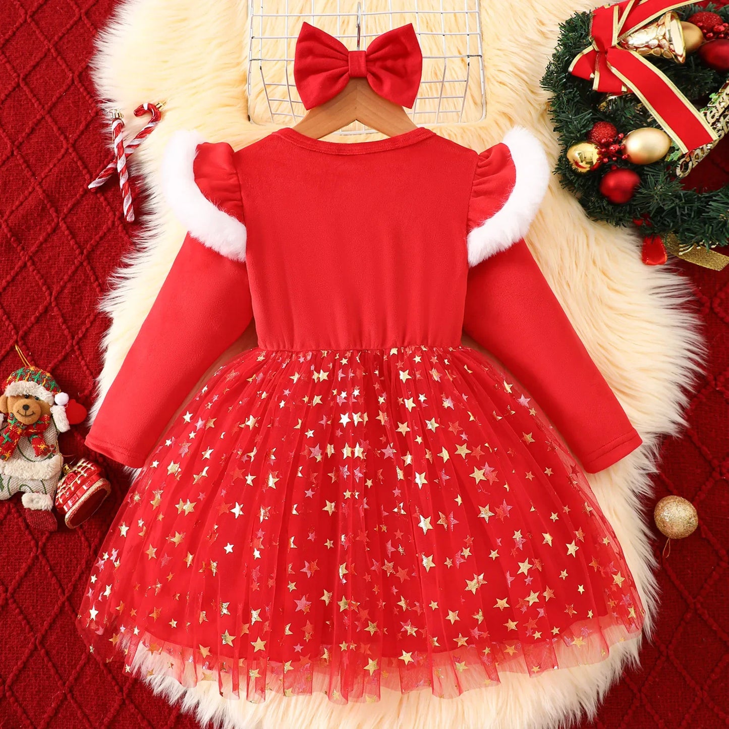 Christmas Dress Set Girl Autumn Long Sleeve Velvet Star Tulle Dress with Bow Headband Festive Clothes
