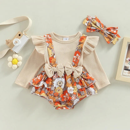 Romper Bela Floral com Manga Comprida Bege - Minu Kids