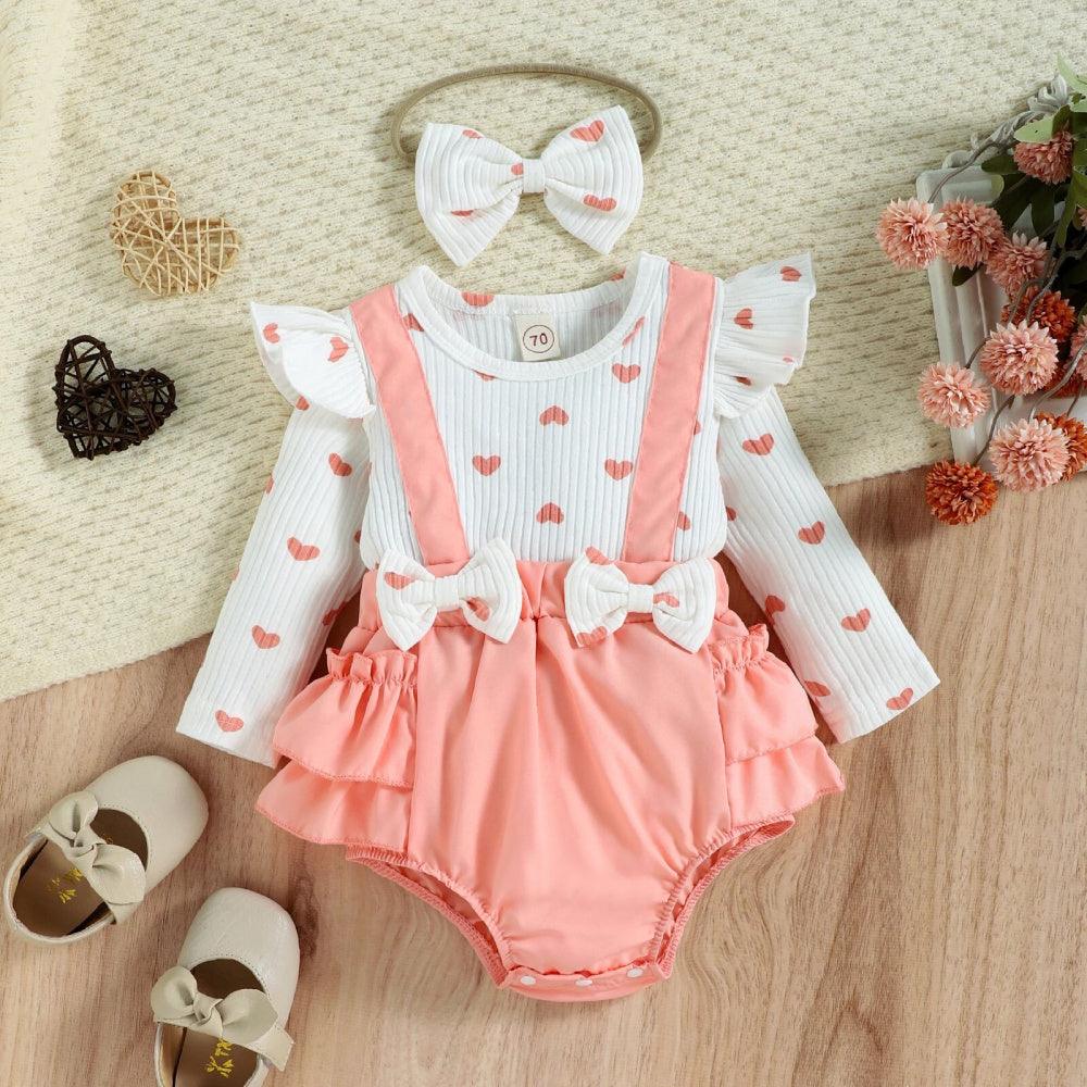 Romper Corações Branco com Rosa de Manga Comprida - Minu Kids