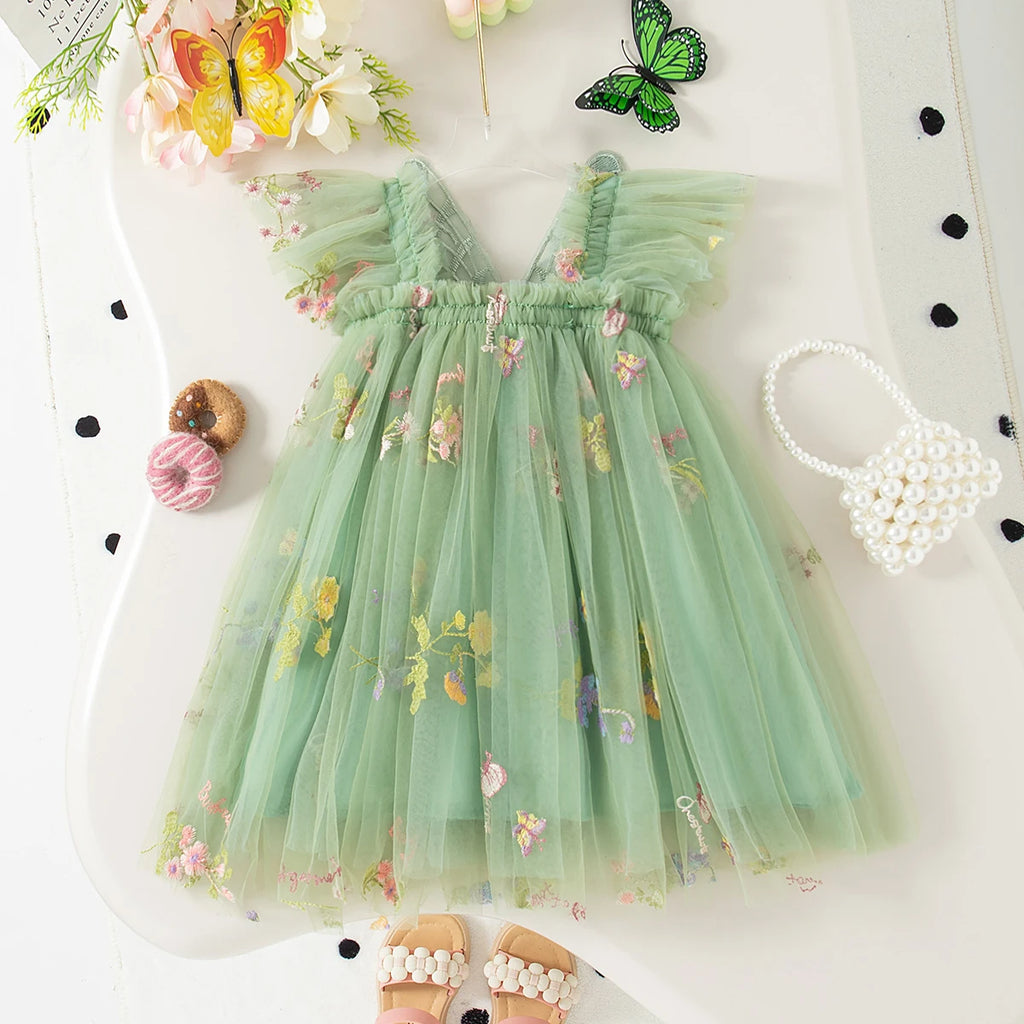 Girls' Dress Summer Floral Mesh Little Flying Sleeve Baby Girl Dress Cute Back Butterfly Princess Dress Baby Girl Clothes