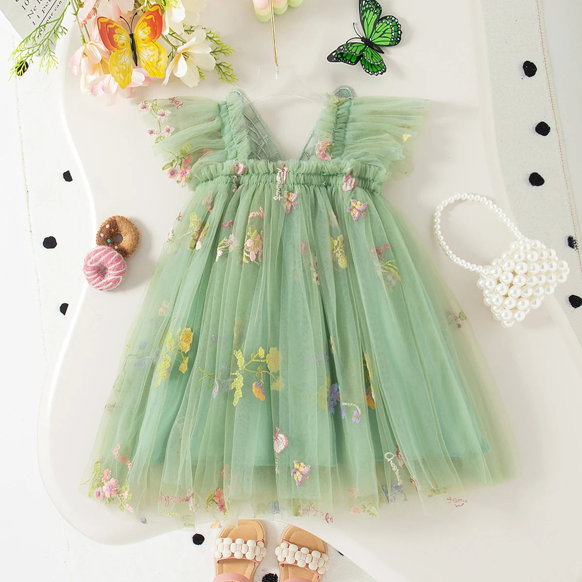 Girls' Dress Summer Floral Mesh Little Flying Sleeve Baby Girl Dress Cute Back Butterfly Princess Dress Baby Girl Clothes