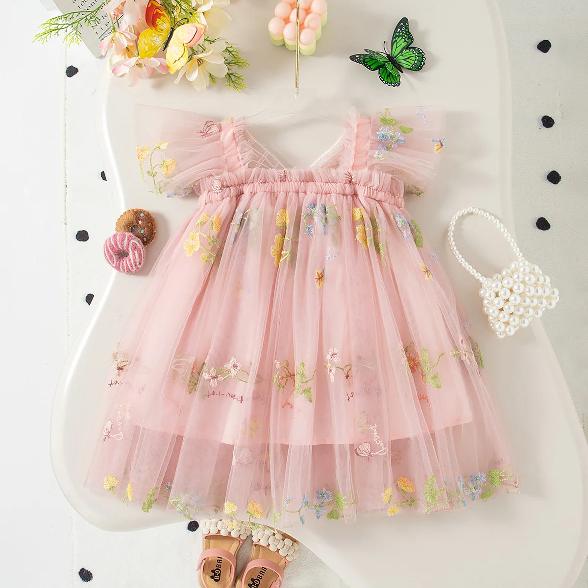 Girls' Dress Summer Floral Mesh Little Flying Sleeve Baby Girl Dress Cute Back Butterfly Princess Dress Baby Girl Clothes