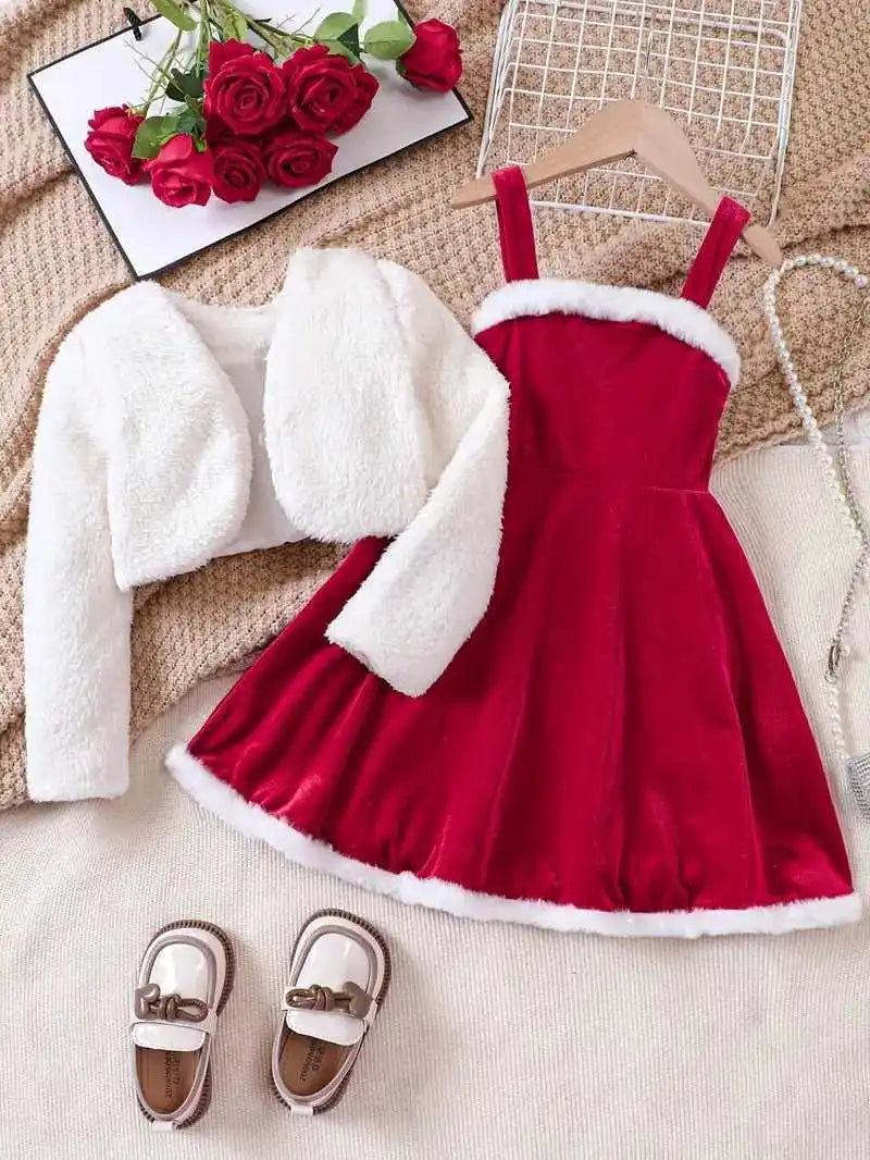 Girls Christmas Velvet Sleeveless Dress 2 Piece Set with Jacket Outfit Kids Party Wear Toddler Clothing New Year Autumn