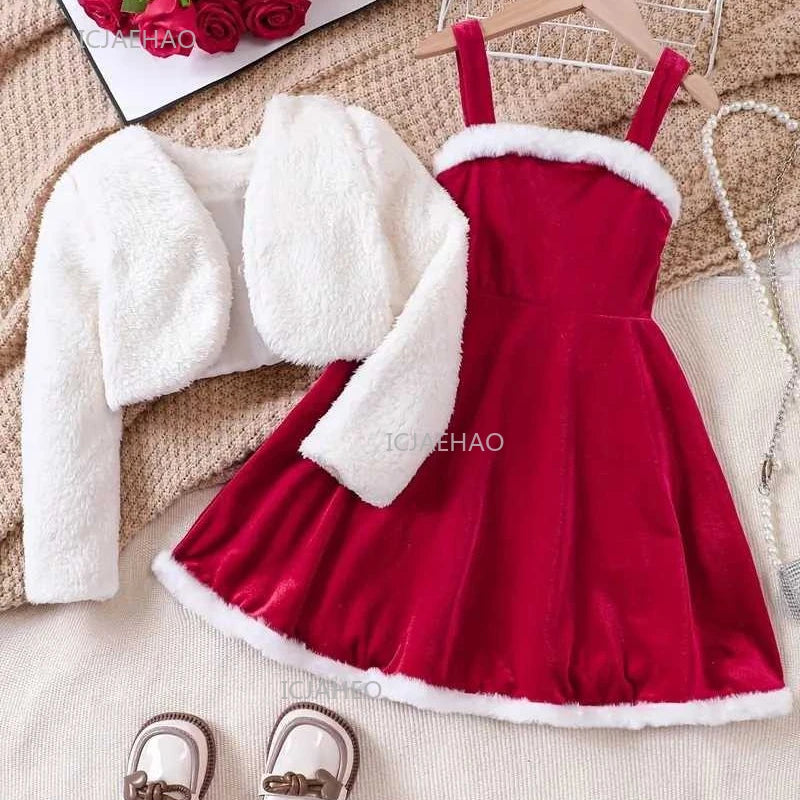 Girls Christmas Velvet Sleeveless Dress 2 Piece Set with Jacket Outfit Kids Party Wear Toddler Clothing New Year Autumn