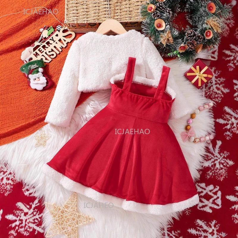 Girls Christmas Velvet Sleeveless Dress 2 Piece Set with Jacket Outfit Kids Party Wear Toddler Clothing New Year Autumn