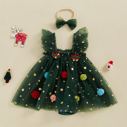 Infant Baby Girl Christmas Outfit Star Flower Green Tutu Christmas Dress Romper Newborn Christmas Clothes Dress