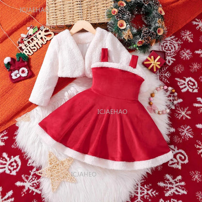 Girls Christmas Velvet Sleeveless Dress 2 Piece Set with Jacket Outfit Kids Party Wear Toddler Clothing New Year Autumn Winter