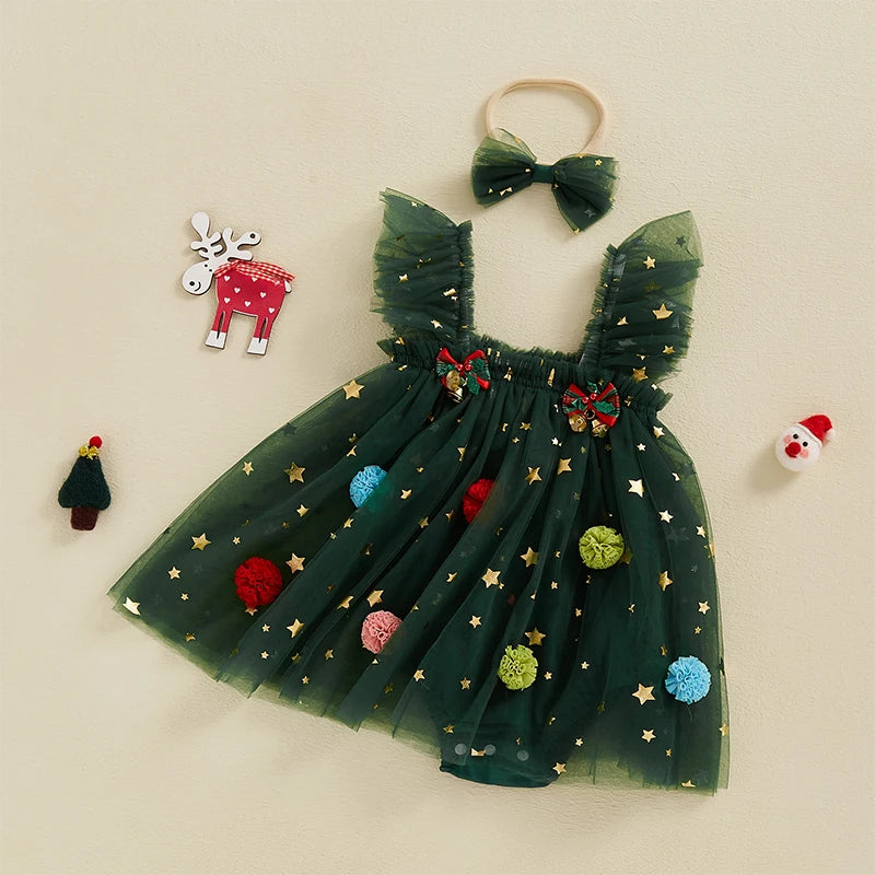 Infant Baby Girl Christmas Outfit Star Flower Green Tutu Christmas Dress Romper Newborn Christmas Clothes Dress