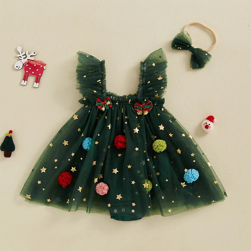 Infant Baby Girl Christmas Outfit Star Flower Green Tutu Christmas Dress Romper Newborn Christmas Clothes Dress