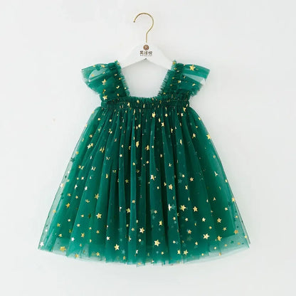 2025 Christmas Girls Strap Dresses Mesh Gold Star Tulle Dress For Girls Camisole New Year Kids Princess Dress for Girls for 0-7Y