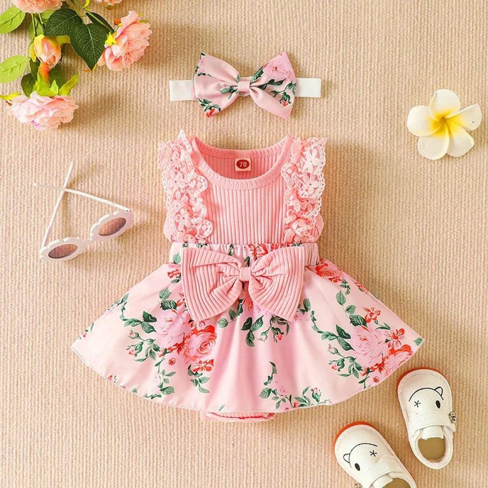 Vestidinho Floral Lili com Laço Rosa - Minu Kids