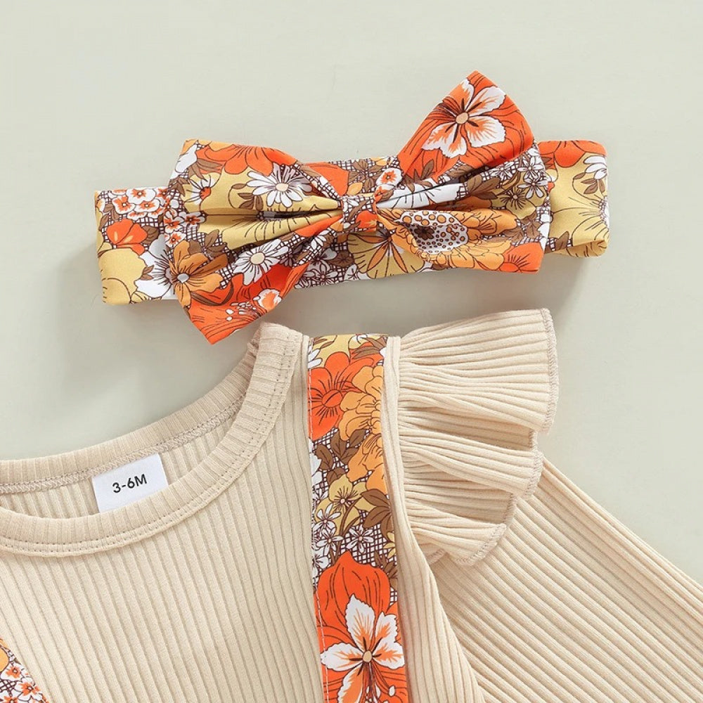 Romper Bela Floral com Manga Comprida Bege - Minu Kids