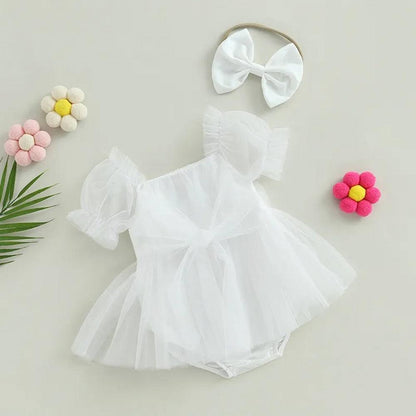 Vestidinho Julie Tule com Laço Branco - Minu Kids