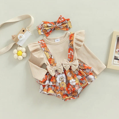 Romper Bela Floral com Manga Comprida Bege - Minu Kids