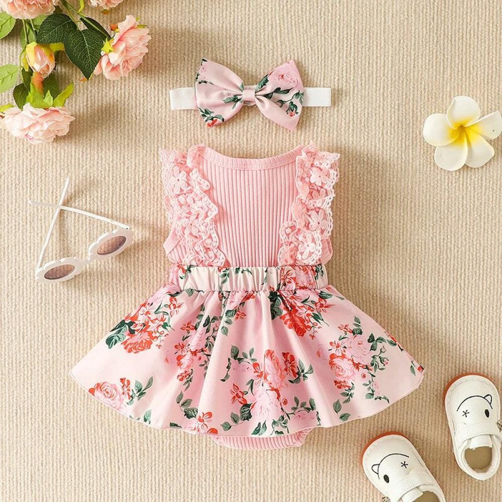 Vestidinho Floral Lili com Laço Rosa - Minu Kids