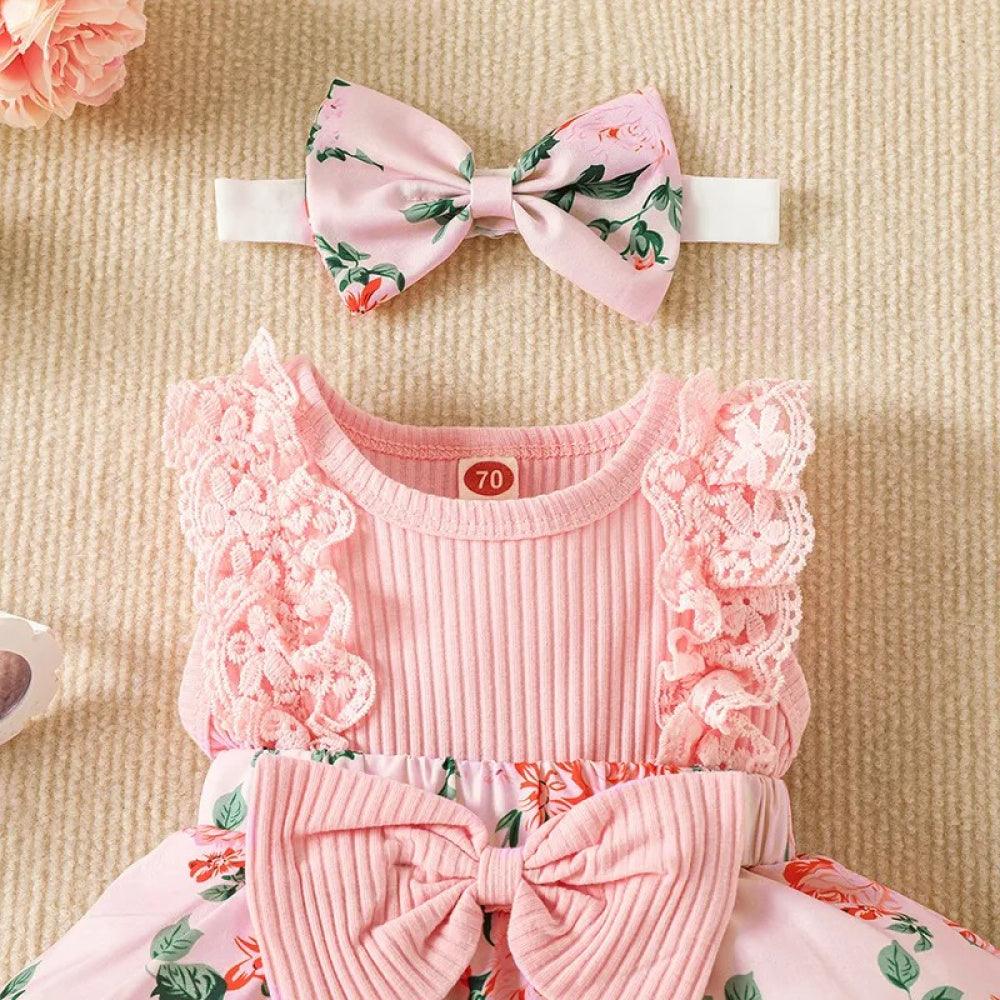 Vestidinho Floral Lili com Laço Rosa - Minu Kids